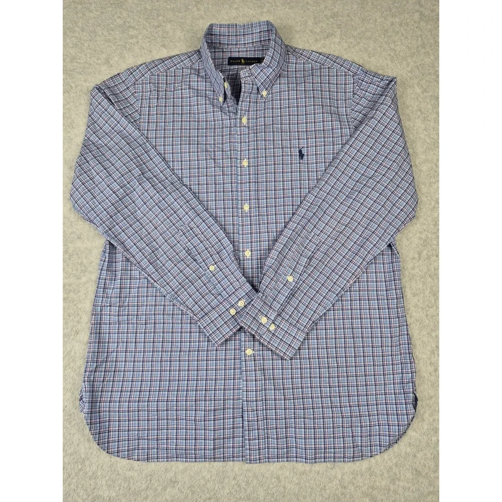Ralph Lauren Men's Plaid Long Sleeve Shirt‎ Size 16-32/33 Medium Blue Pink